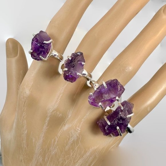 Amethyst Ring, Sterling Silver, Raw Stone, Minimalist, Size 6 1/2 - You Choose - Picture 1 of 6